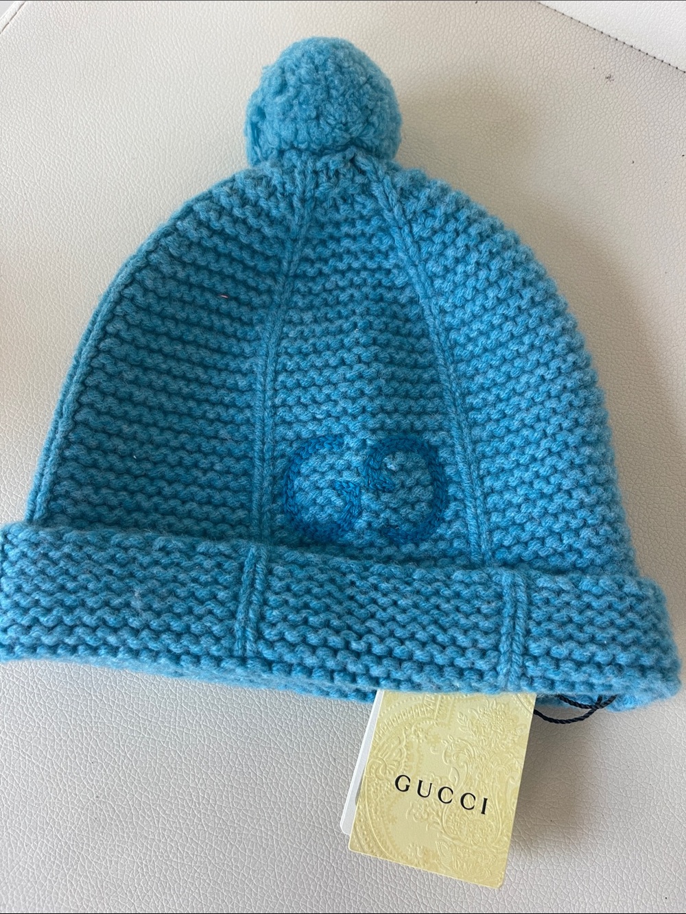 Gucci Kids Wool Turquoise Pom Pom Knit Hat